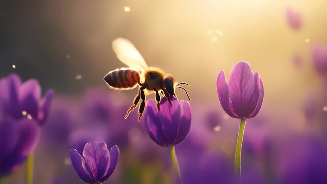 Closeup view of a bee flying among purple flowers during slow motion in a sunny garden, Bee, flying on flowers closeup view Slow-motion purple violet flowers