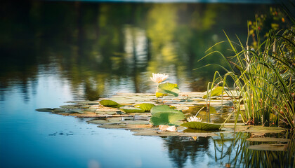 Fototapeta premium Serene Pond With Lily Pads Blurry Space On The Right Side