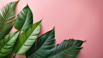 Fototapeta premium Vibrant Green Tropical Leaves Arranged Over A Soft Pink Background Creating A Fresh And Lively Visual Contrast