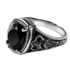 An ornate silver gothic ring with a faceted black gemstone isolated as a high quality png with a transparent background