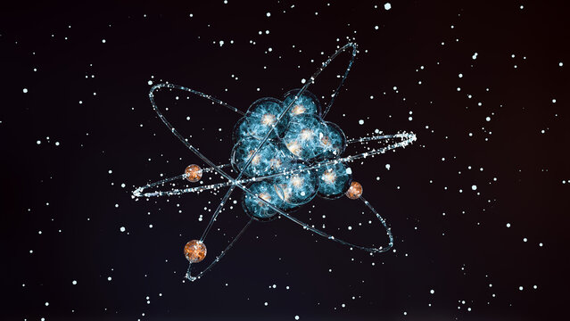Atom anatomy, Atomic model or structure , alpha channel, electrons orbiting the nucleus particles, Single atom and its electron cloud. Quantum mechanics and atomic, Neutrons and protons, 3d render