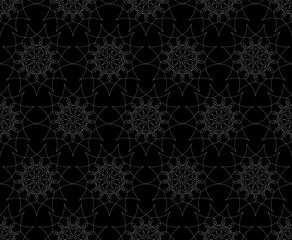 Seamless flower mandala pattern background. Oriental mandala on black background. Vintage decorative elements. Islam, Arabic, Indian, ottoman motifs. For textile, fabric and paper. Vector illustration