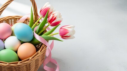 Easter basket filled with colorful eggs and pink and white tulips flowers