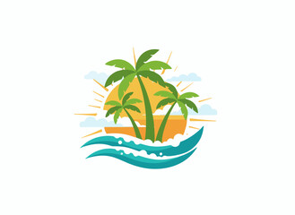 Obraz premium tropical holiday vector illustration with palm trees, sun, ocean waves