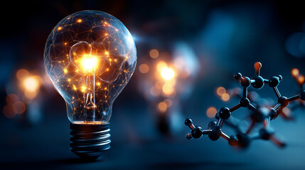 Intricate molecule surrounded by shining light bulbs representing innovation and bright ideas in science and technology, illuminated chemistry, with copy space