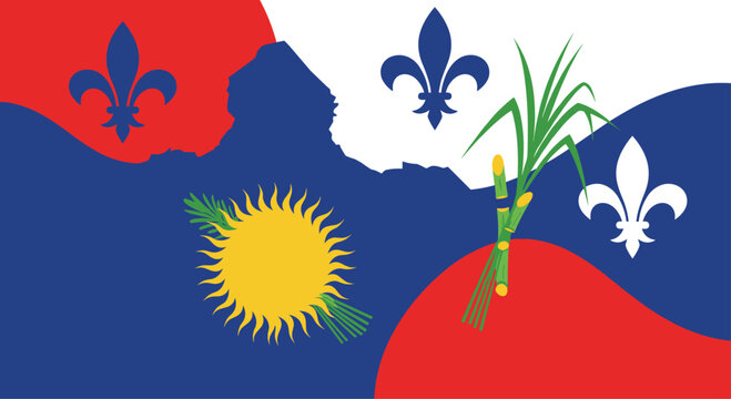 Illustrated unofficial local flag of Guadeloupe, featuring a sun, sugar cane, and three fleurs-de-lis on a colorful background.