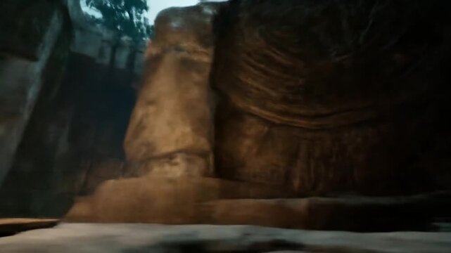 Massive ancient stone sculpture detail in a dimly lit temple ruin, weathered relic representing spirituality and history.