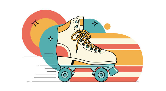 A dynamic retro roller skate illustration with speed lines, set against a colorful and abstract background of circles and stripes.
