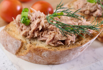 Bruschetta with shredded tuna and fresh dill on a white table