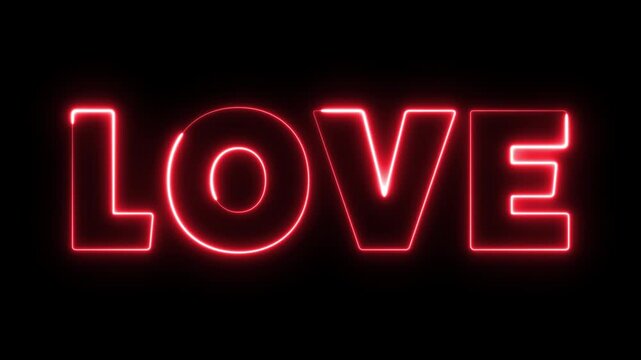 Animated video of the word &ldquo;LOVE&rdquo; with glowing red neon color effect. Transparent background with alpha channel, perfect for backgrounds or overlays for romantic concepts, titles, and motion graphics