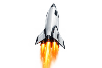 Sci-fi rocket launching up, emitting powerful flames from engines, startup and progress concept on transparent background