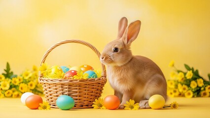 Brown Bunny Sitting Next to a Wicker Basket of Colorful Easter Eggs and Yellow Flowers easter bunny