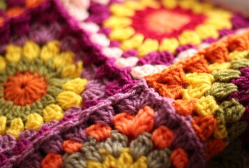 Granny square crocheted blanket with different colors motives, retro vintage craft handmade handiwork crocheting, beautiful plaid photo cozy winter or autumn background wool thing yarn warm bohemian 