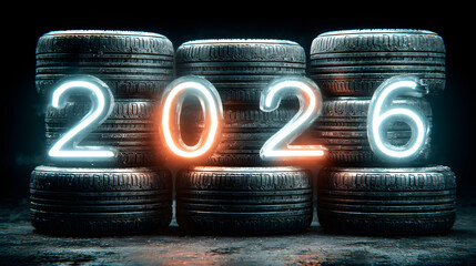 A dramatic and modern New Year 2026 automotive concept featuring illuminated glowing numbers "2026" made of bright neon-style light, each digit placed on top of stacked car tires.