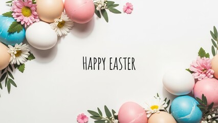 Happy Easter Greeting with Decorated Eggs and Flowers on a White Background text typography