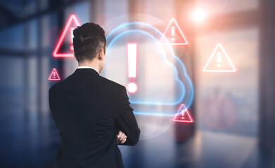 Red alert triangles over a blue cloud icon, symbolizing cloud security threats, system warnings, and data protection risks in digital environments Parse