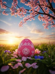 Single Pink Decorated Easter Egg in a Grassy Field Under a Blooming Cherry Tree at Sunset painted