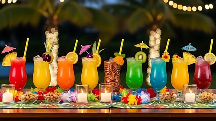 Colorful tropical cocktails on a wooden table with nuts and flowers