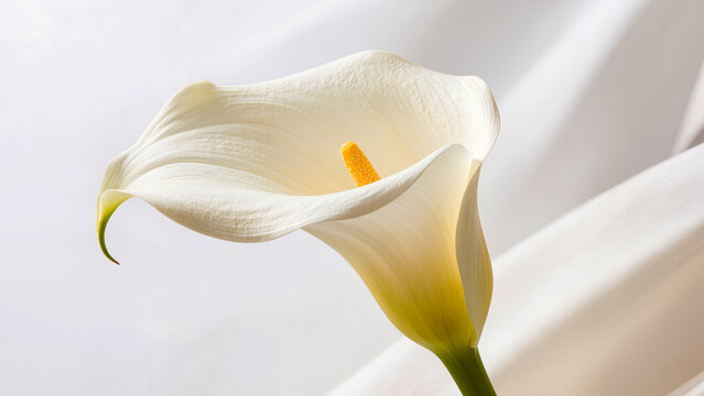Close-up of a single calla lily (Zantedeschia) with a bright yellow spadix against white flowing fabric. Shot in an interior studio, Amsterdam, Netherlands, January 2026. Soft natural lighting, realis