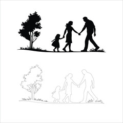 Family silhouette of parents and child walking holding hands with a tree in nature
