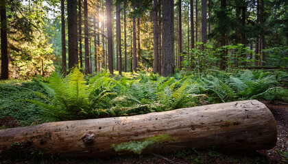Tranquil Forest Scene Featuring Freshly Cut Log Surrounded By Vibrant Green Ferns And Trees Evoking Sense Of Peace And Nature Beauty