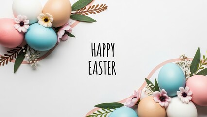 Happy Easter Greeting with Pastel Eggs and Floral Decorations on White Background text typography