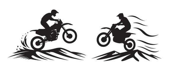 Pair of Motocross Bikers Performing Stunts and Jumps Silhouette Set