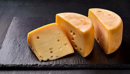 Two Delectable Wedges Of Aged Artisanal Gourmet Hard Cheese With A Rich Crumbly Texture Displayed On Rustic Dark Slate Background For Culinary Presentation