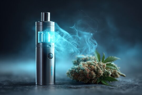 Medical marijuana vaporizer device with cannabis bud beside it, emitting vapor in a dark setting, showcasing modern technology and the essence of cannabis consumption