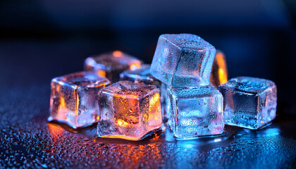 Macro Ice Cubes Illuminated With Vibrant Colorful Lights On Dark Surface In A Cool Tone Setting