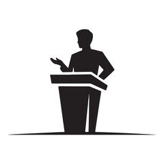Side view profile of a man speaking at a modern podium silhouette icon for seminars
