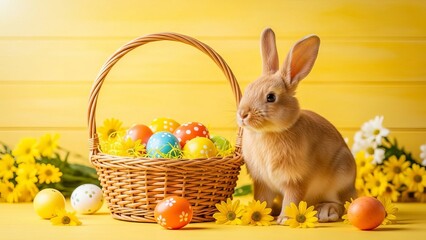 Easter Bunny with Basket of Eggs and Yellow Flowers on Yellow Background rabbit