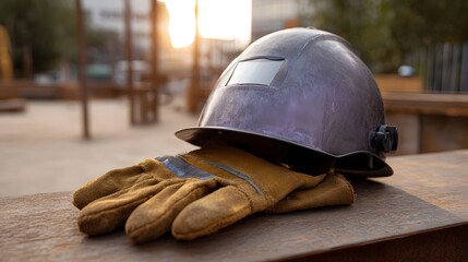 Welding mask and protective gloves resting on a textured metal surface during golden hour sunset