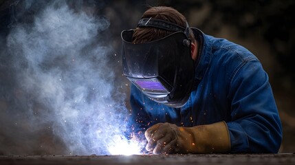 A welder wearing a protective mask and gloves works on metal creating bright sparks and smoke