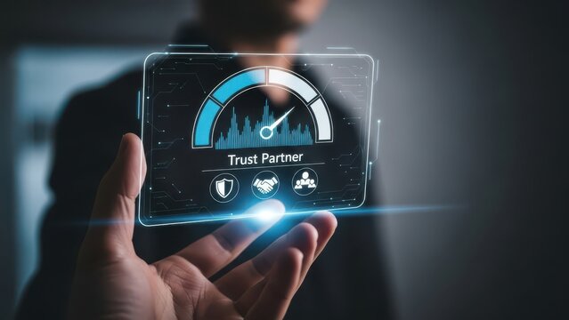 Hand holding digital trust gauge displaying high integrity - Powered by Adobe