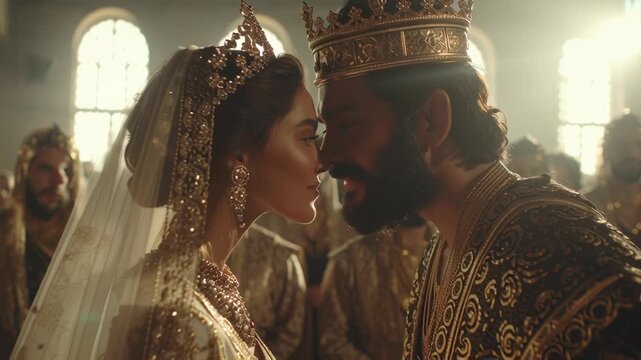 Queen Esther and King Ahasuerus meet in a grand celebration with followers and attendees in an ancient palace setting