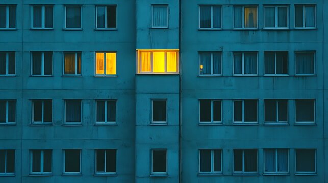 A large blue building with many windows and one lit window at night