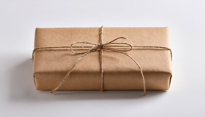 Simple Brown Kraft Paper Gift Box With Twine Bow On White Background