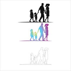 Family silhouette walking together holding hands in three distinct artistic styles