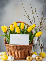 Easter Basket with Yellow Tulips and Golden Eggs on a White Surface wicker