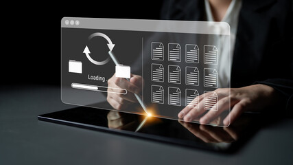 File synchronization or loading interface with progress bar, folders, and documents, symbolizing data backup, transfer, and system update Parse