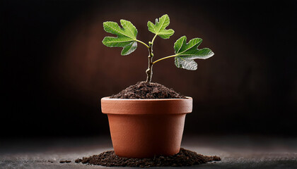 Healthy Fig Sapling Growing From Potting Soil In A Terracotta Pot Symbolizing New Beginnings And Nurtured Growth In A Dark Background