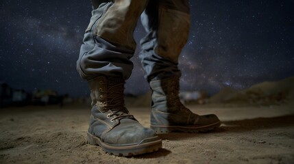 Rugged work boots stand in dusty soil under a vast starry night sky