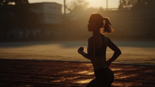 Horizontal digital painting of a determined woman running at sunrise, silhouetted against a dramatic sky, symbolizing focus and perseverance.