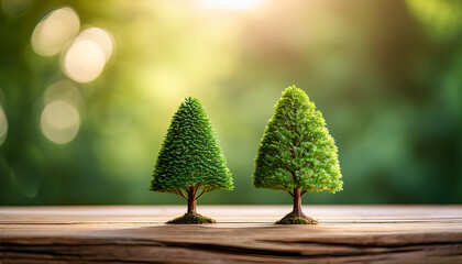 Miniature Trees Placed On Rustic Wooden Surface With Blurred Green Background In Soft Natural Light Two Miniature Trees On Wooden Surface With Blurred Green Background
