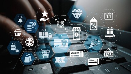 Digital gift card icons show e-commerce, payment, and digital gift card redemption. Digital gift...