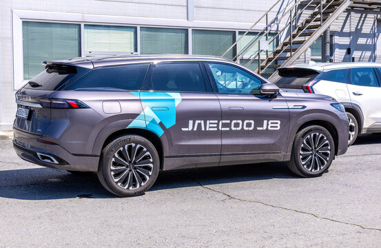 Jaecoo J8 vehicle on the city street. Jaecoo - Chinese automobile manufacturer