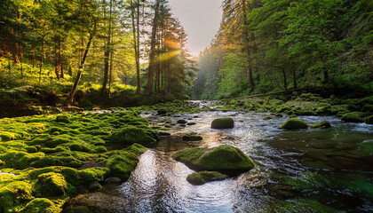 Vibrant Green Moss Covers River Rocks In A Tranquil Canyon At Dawn As Sunlight Filters Through Tall Trees Creating A Peaceful Atmosphere