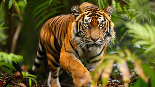 A majestic tiger confidently strides forward through lush dense jungle foliage its gaze fixed directly at the viewer 4K Video