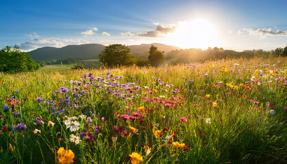 Sunlit Meadow Wildflowers In Full Bloom A Tranquil Summer Scene Of Vibrant Blossoms And Lush Green Grass Perfect For Peaceful Backgrounds And Nature Lovers